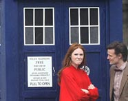 Matt Smith as the Eleventh Doctor and Karen Gillan as Amy Pond outside the TARDIS